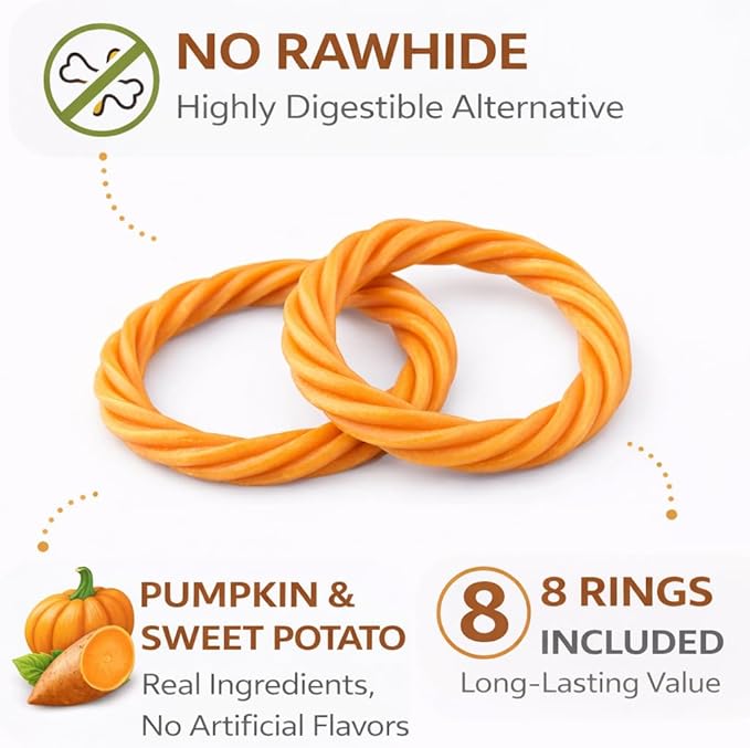 No Rawhide Puppy Teething Rings – Highly Digestible Rawhide Alternative Chews (8 Rings, Pumpkin & Sweet Potato)
