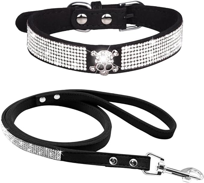 Cute Dazzling Sparkling Elegant Fancy Soft Suede Leather Bling Rhinestone Crystal Jeweled Pet Cat Dog Puppy Collar Dog Leash Combo Set (M(Neck 12.5-15"), Black-5)