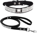 Cute Dazzling Sparkling Elegant Fancy Soft Suede Leather Bling Rhinestone Crystal Jeweled Pet Cat Dog Puppy Collar Dog Leash Combo Set (L(Neck 15-18"), Black-5)