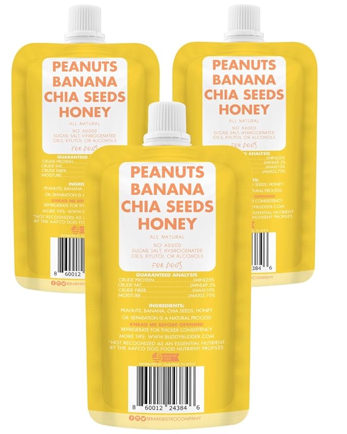 Barkin Banana Buddy Budder Peanut Butter for Dogs, 3 Pack, 4 oz Squeeze Packs