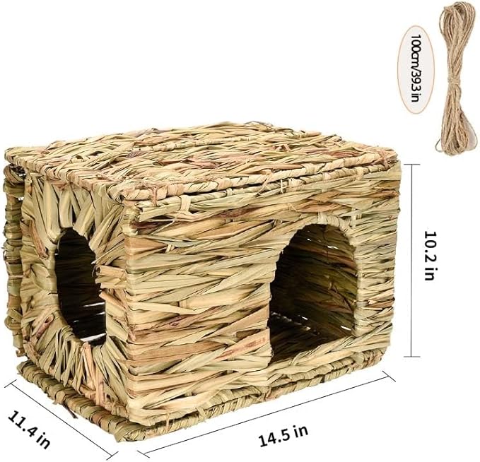 Grass House for Rabbits,Sangle Sopffy,Hand Woven Bunny Grass House,Natural Grass Hideaway for Bunny Guinea Pig Chinchilla Ferret Hamster Squirrel with Rabbit Chew Toys (2 Pack, 14.5*11.4*10.2inch)