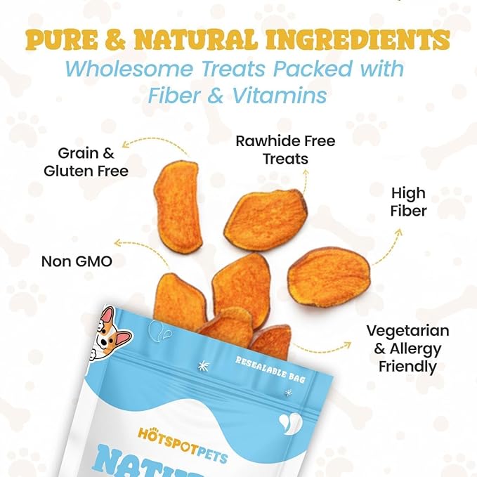 hotspot pets Dehydrated Sweet Potato Dog Treats - All Natural Rawhide Free, Grain-Free, & High in Fiber- Ideal for Small to Large Dogs - Perfect Dog Chews for Training, or Treat (3 Ounces)
