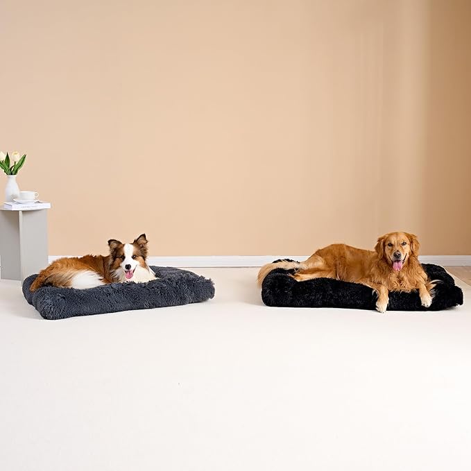 EHEYCIGA Fluffy Dog Crate Bed for Extra Large Dogs, Plush Faux Fur Crate Pad, Calming Anti Anxiety XL Dog Bed, Washable Soft Warm Crate Mat with Non-Slip Bottom, Dark Grey