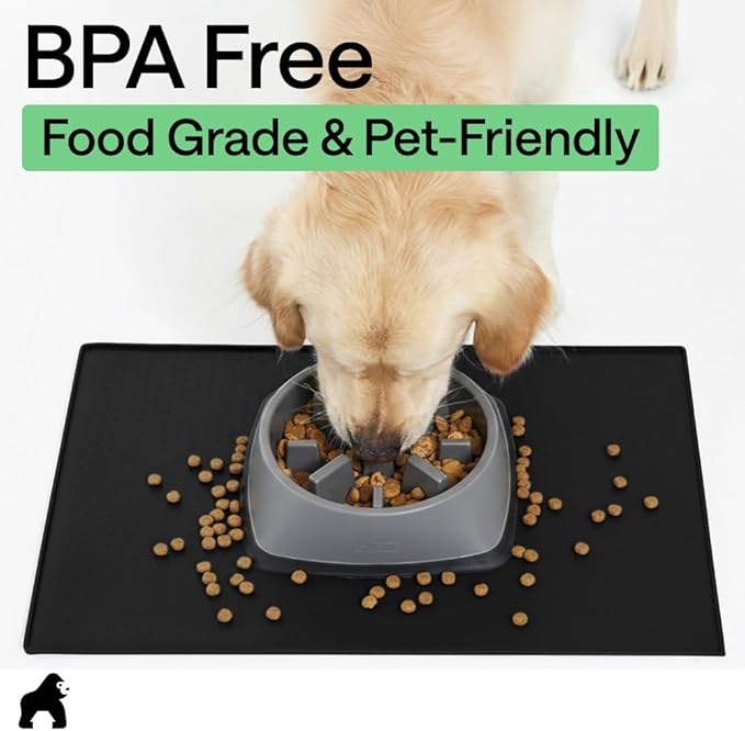 GORILLA GRIP 100% Waterproof Raised Edge BPA Free Silicone Pet Feeding Mat, Dog Cat Food Mats Contain Spills Protects Floors, Placemats for Cats and Dogs Water Bowl, Pets Accessories 23x15 Black
