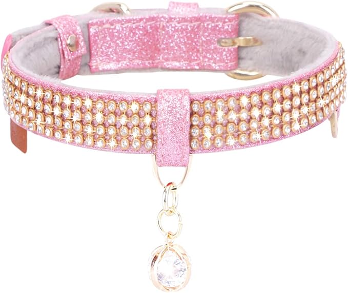 PetsHome Cat Collar, Dog Collar, [Bling Rhinestones] Premium PU Leather with Pendant Adjustable Collars for Big Cat and Small to Medium Dog Small Pink