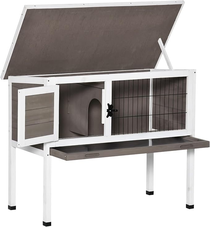 PawHut Elevated Wooden Rabbit Hutch, Indoor/Outdoor Bunny Cage with Hinged Asphalt Roof and Removable Tray for Guinea Pig, Brown