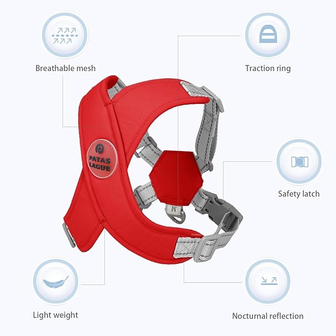 Patas Lague Dog Harness with Leash Set Adjustable Soft Padded Step-in Dog Vest No Choke No Pull Reflective for Medium Pets with Poop Bags and Dispenser, Solid and No-chew, Red L