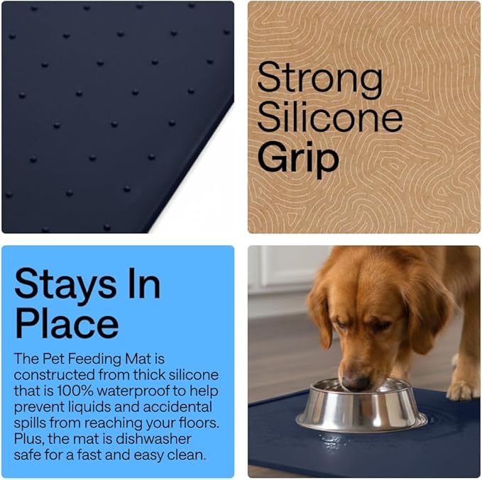 GORILLA GRIP 100% Waterproof Raised Edge BPA Free Silicone Pet Feeding Mat, Dog Cat Food Mats Contain Spills Protects Floors, Placemats for Cats and Dogs Water Bowl, Pets Accessories 23x15 Navy