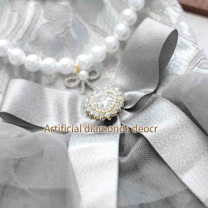ANIAC Gray Dog Dress for Small Dogs Female,Bow Knot Girl Puppy Clothes with Detachable Pearl Necklace, Elegant Cat Dress, Formal Pet Pary Outfit for Wedding Birthday Valentines (Gray, X-Small)