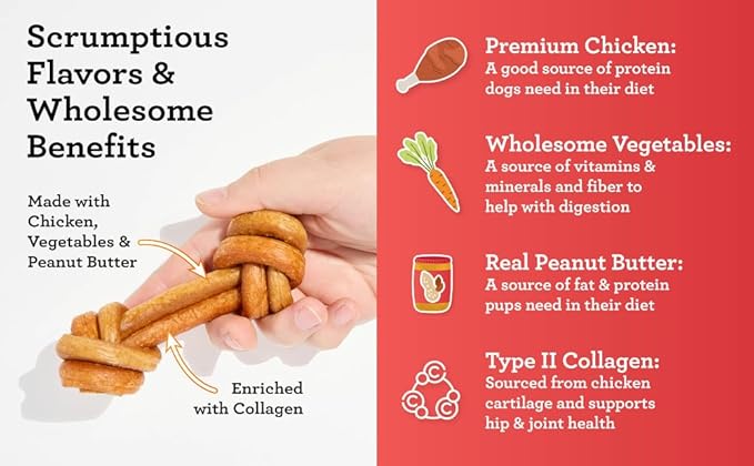 DreamBone CollaYUMS Knots Plus Collagen Chews for Dogs, 8 Count, Treat Your Dog to Rawhide-Free Chews Made with Chicken, Vegetables and Peanut Butter (Pack of 2)