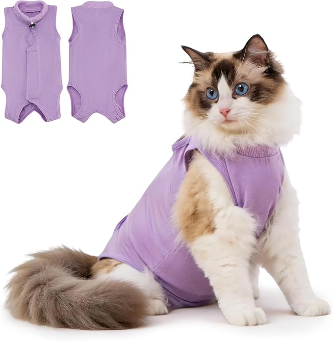 Avont Cat Recovery Suit Female Kitten After Spay Surgery, Breathable Modal Cotton Cat Onesie for Wound & Skin Disease Care, Machine Washable -Purple(L)