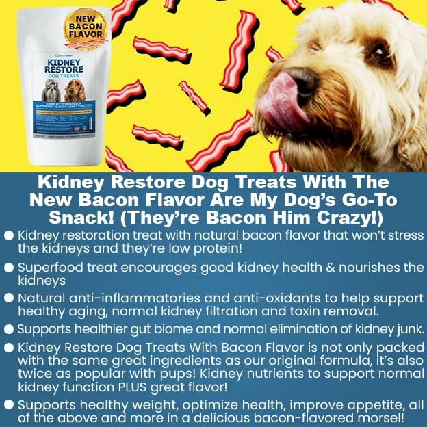 Kidney Restore Bacon Dog Treats 16oz for Petite Dogs. Low Protein Kidney Support for Small Dogs. Renal Treats for Any Kidney Dog Diet.