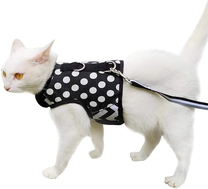 Cat Harness and Leash for Walking Escape Proof, Adjustable Cat Vest Harness, Padded Stylish Cat Walking Jackets, Polka Dot Black, Extra Large