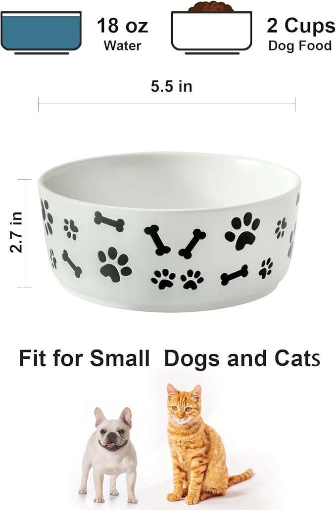 UBEE Ceramic Dog Bowl Set of 2, 5.5 inch Dog Food Bowl Dish with Bone Paw Pattern, Pet Food Water Dish Feeding Plates for Small Dogs, Puppy and Cat, White