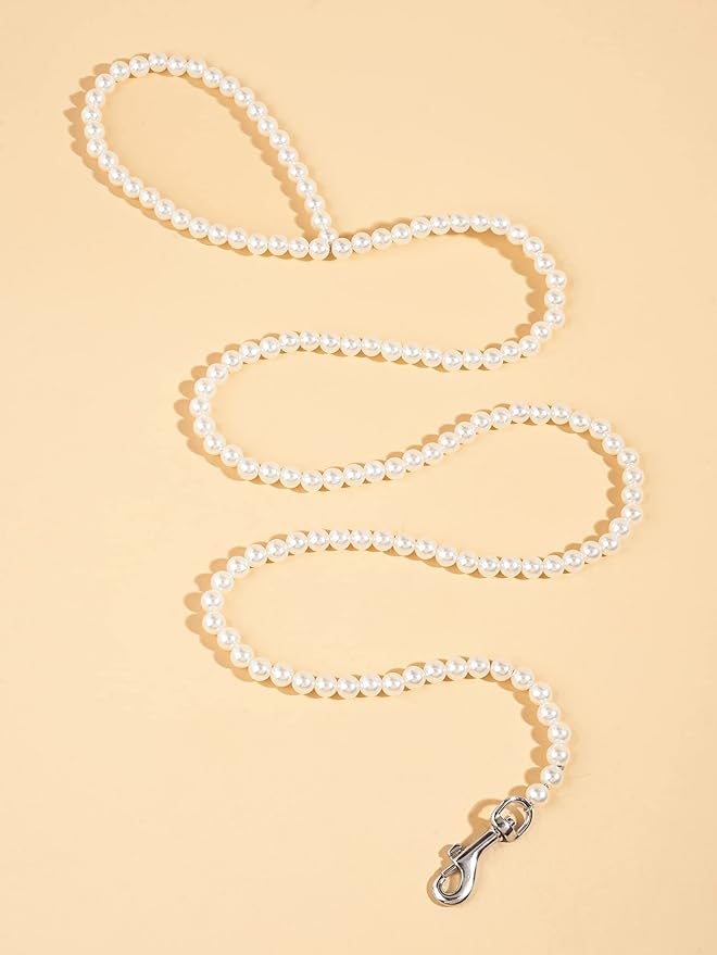 QWINEE Pearl Beaded Pet Leash Cat Dog Leash Elegant Puppy Leash Pet Leash with Lockable Hooks for Small Medium Dogs Cats Kitten White One Size