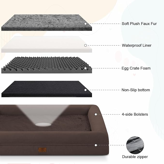 XL Orthopedic Dog Bed for Extra Large Dogs, Washable Dog Bed with Removable Bolster, Waterproof Pet Bed with Nonskid Bottom, Brown