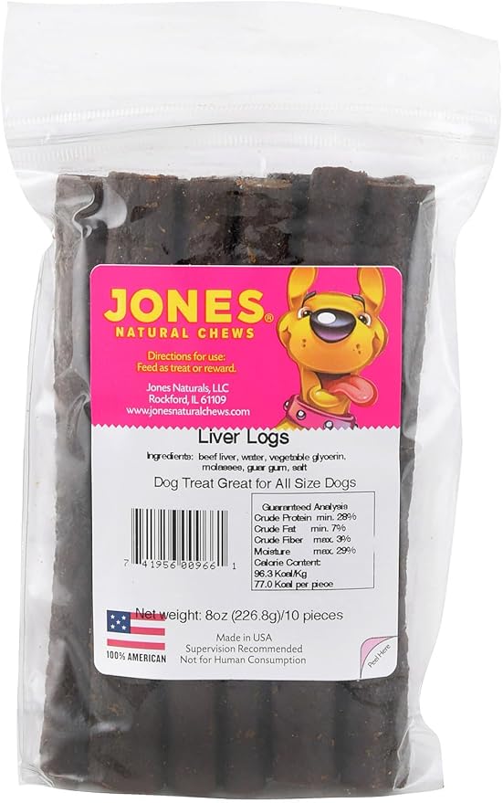 Jones Natural Chews Liver Logs – 10 Pack Soft & Sturdy Beef Liver Treats for Dogs