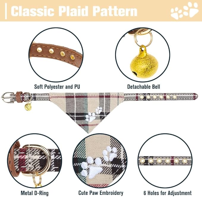 EXPAWLORER Puppy Collar and Leash Set - Embroidered Pawprints Plaid With Bow Tie, Bandana, and Bell for Dogs Cats Outdoor Walking, Beige XS
