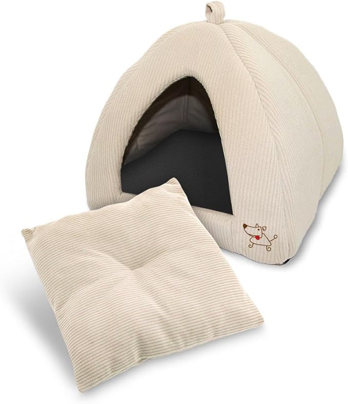 Best Pet Supplies Cat Bed for Indoor Cat, Domed Tent House with Removable Pillow, Covered Cat Cave for Small Dog, Puppies and All Breeds of Cats - Corduroy Beige1, 19 x 19 x H:19"
