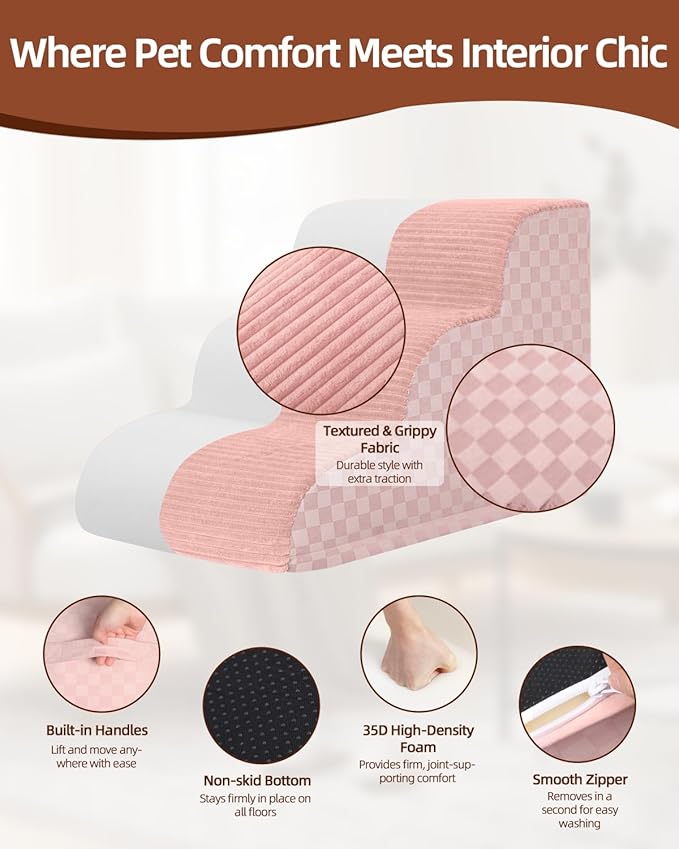 Dog Stairs Curved Ramp for Small Dogs 19.5" H, 4-Step Pet Stairs for Couch Bed with High Density Foam, Dog Slope Stairs with Durable Non-Slip Bottom Pink