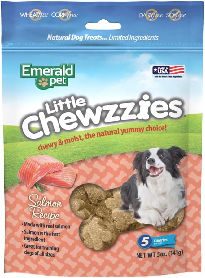 Emerald Pet Little Chewzzies Wheat Free Training Dog Treats — Healthy and Tasty Natural Dog Chews with Real Meat or Peanut Butter — Limited Ingredient Dog Treats Made in The USA — Salmon, 5 oz