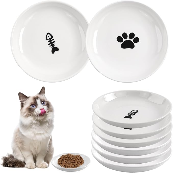 6 Pack Cat Food Bowl, Ceramic Cat Bowls, Anti Whisker Fatigue Cats Bowl Set,5.5 Inches Shallow Wide Kitten Plates for Food and Water (White-A)