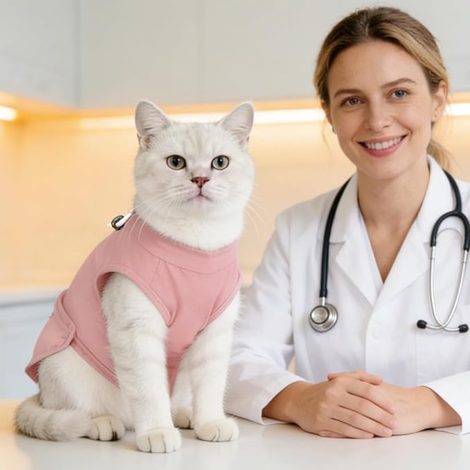Gyuzh Cat Recovery Suit Female - Superior Comzy Cone Alternative! Breathable Onesie with Adjustable Neck, Easy Pull-On & Snap Closure. Stop Licking, Ideal for Cats & Kittens After Spay Surgery Pink M