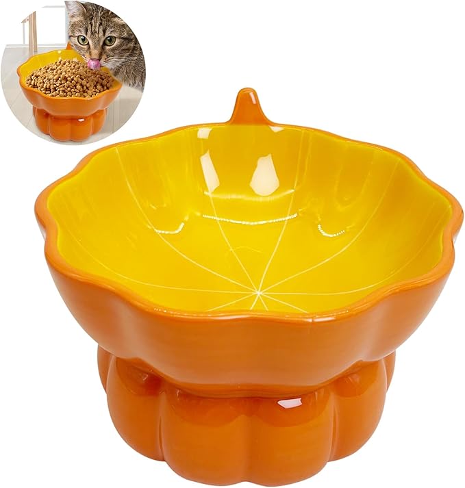 Hamiledyi Ceramic Raised Cat Bowl Tilted 15° Elevated Cat Bowl for Food or Water Anti Vomiting and Whisker Fatigue Cute Pumpkin Shaped Pet Feeder Bowl for Indoor Cats Kitten and Dogs (Orange Pumpkin)