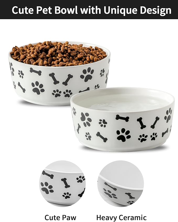 UBEE Ceramic Dog Bowl Set of 2, 5.5 inch Dog Food Bowl Dish with Bone Paw Pattern, Pet Food Water Dish Feeding Plates for Small Dogs, Puppy and Cat, White
