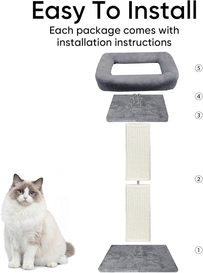 AGYM Cat Scratching Post, 32”Cat Scratcher with Large Plush Perch, Sisal & Carpet Scratching Post, Vertical Posts with Elevated Bed for Indoor Cats, Removable& Washable Cover, Grey