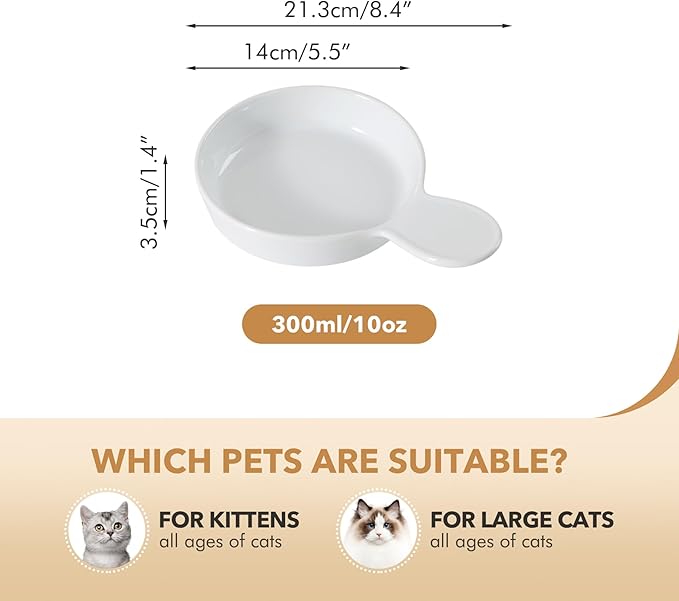Havniva Ceramic Wide Whisker Friendly Cat Dishes, Set of 3 Ceramic Cat Bowls with Handle, Anti-Slip Indoor Kitten Feeding Food& Water Dish to Prevent Whisker Fatigue(3 Pcs, White)