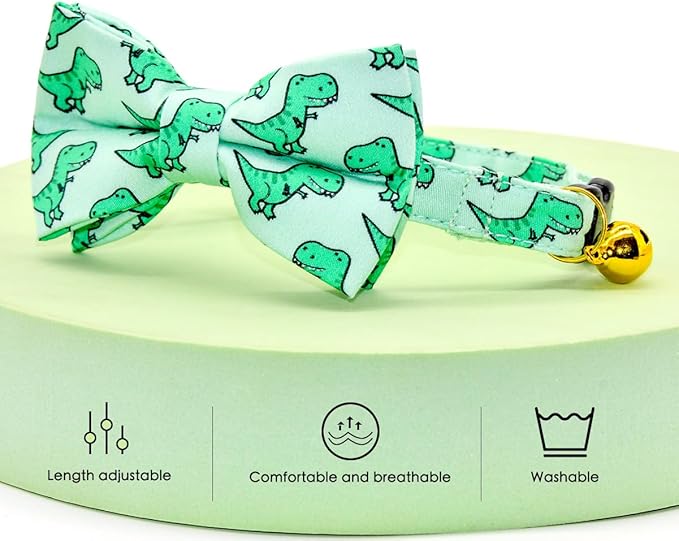 Cat Bow Collar, Green Dinosaur Pattern, Quick Release Safety Buckle, (8" - 13")