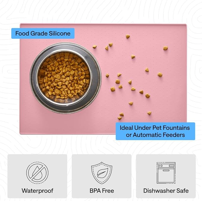 GORILLA GRIP 100% Waterproof Raised Edge BPA Free Silicone Pet Feeding Mat, Dog Cat Food Mats Contain Spills Protects Floors, Placemats for Cats and Dogs Water Bowl, Pets Accessories 28x18 Pink