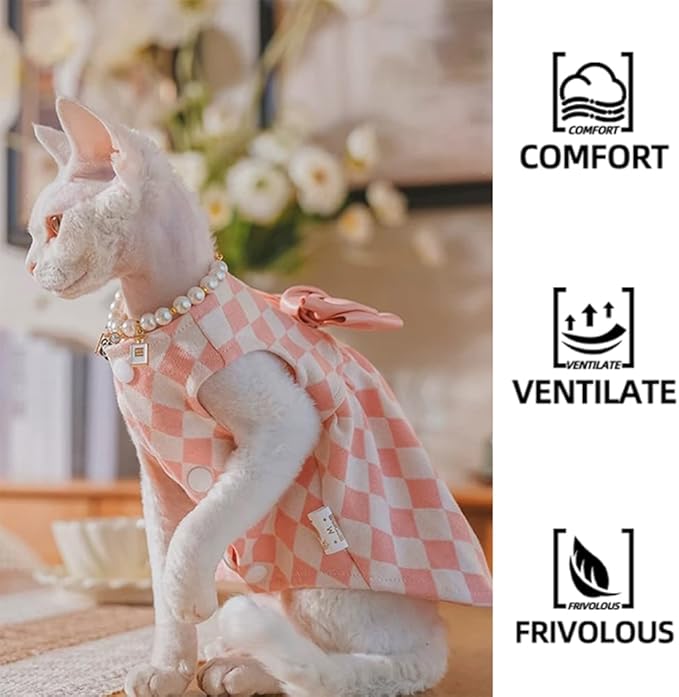 Sphynx Cat Pink Sleeveless Bow Dress with Pearl Necklace Set, Cute & Stylish Pet Apparel for Daily Wear, Cute Dress for Cats and Puppy (X-Large(7-9.5 lbs))