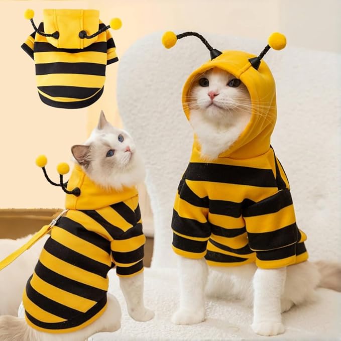 Selena Cat Bee Antennae Costume Hoodies Cute Bee Stripes Dog Kitten Puppy Pet Apparel (X-Large,Yellow&Black)