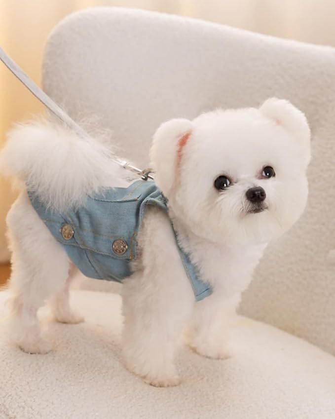 Dog Clothes Denim Dog Dresses for Small Dogs Harness Dress Puppy Clothes with Leash Ring Dog Costume with Pocket Summer Cat Apparel Dog Clothes Cat Shirts Small Dog Dresses Female Light Blue X-Small
