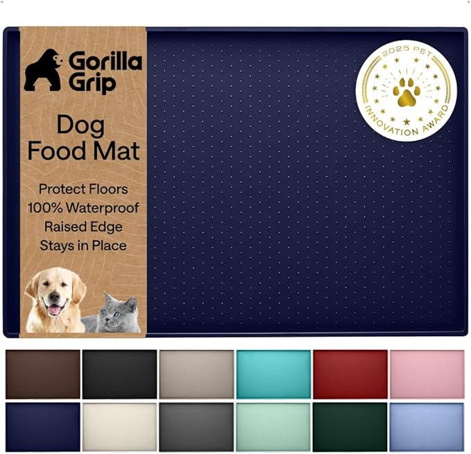 GORILLA GRIP 100% Waterproof Raised Edge BPA Free Silicone Pet Feeding Mat, Dog Cat Food Mats Contain Spills Protects Floors, Placemats for Cats and Dogs Water Bowl, Pets Accessories 16x10, Navy