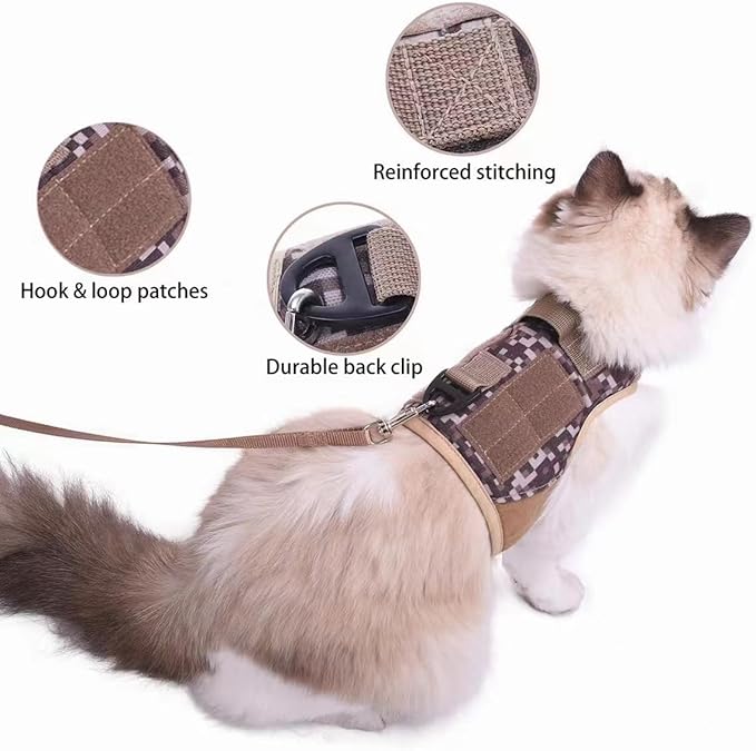 Tactical Cat Harness and Leash for Walking Escape Proof, Desert Camo, X-Large, Adjustable Cat Walking Jackets, Padded Stylish Cat Vest for Winter