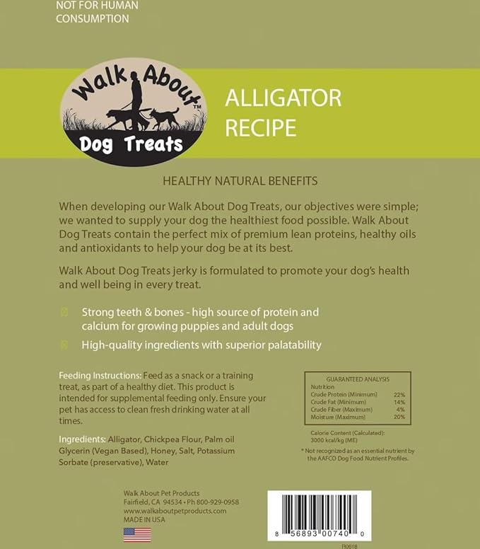 Walk About Pet, WA10016, Dog Jerky Treats, Grain-Free, Gluten-Free, Single Source Protein, Alligator Recipe, Resealable Pouch, 5.5 Ounces