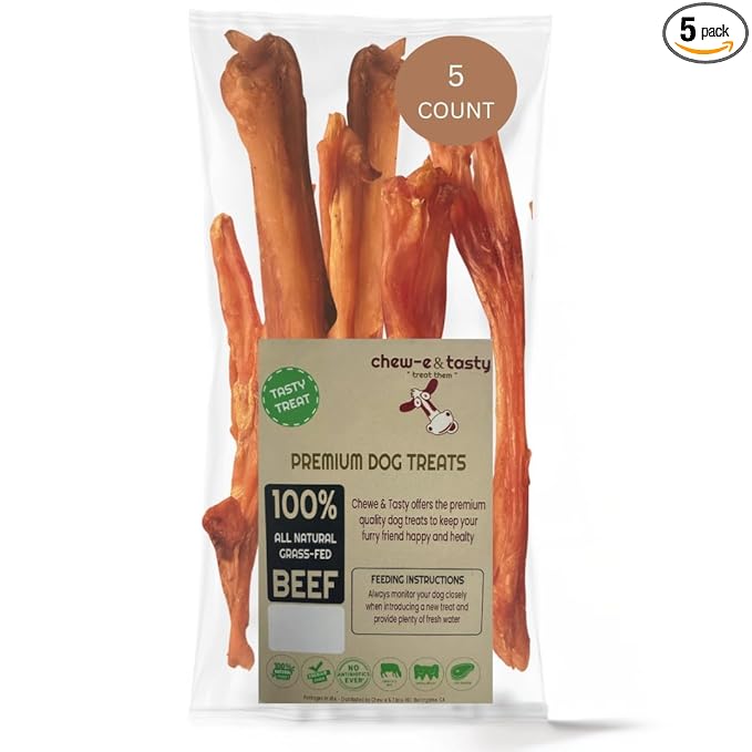 chew-e&tasty Beef Tendon Chews for Dogs (10-12 Inch, 5 Pack), All Natural Rawhide Free Dog Chews, Long Lasting w/Chondroitin & Glucosamine, Dental Health for Small, Medium, Large