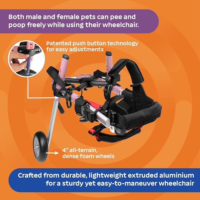 Walkin' Wheels Small Dog Wheelchair, Lightweight Dog Wheelchair for Back Legs, 11-14 lbs, for 3-6 inches Leg Height - Pink