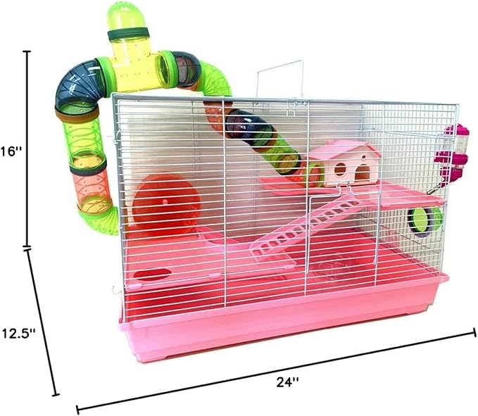 Pink Large Deluxe Dwarf Hamster Expandable and Customizable Habitat House Cage for Rodent Gerbil Mouse Mice Rat with Crossover Tube Tunnel