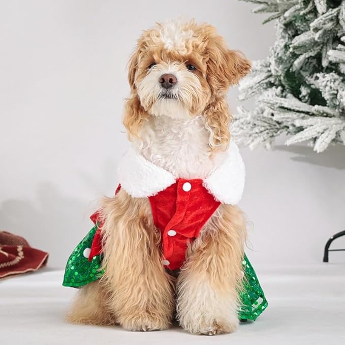 Abbie Home Christmas Dog Dress Cute Skirt, Pet Christmas Costume Cat Sparkly Sequin Clothes Girl Puppy Xmas Holiday Party Cosplay Outfit Winter Apparel for Small Dogs Cats (Green, Medium)