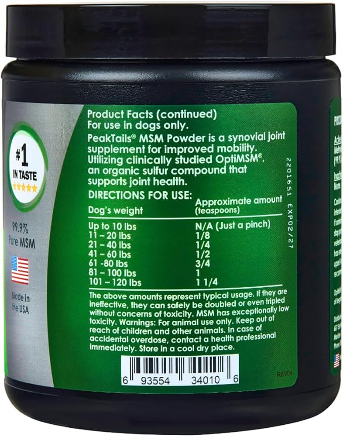 KALA HEALTH PeakTails MSM Powder for Dogs – 1 lb, Pure Organic Sulfur, Supports Joint Health, Mobility & Comfort – US-Sourced MSM, Flavorless Powder