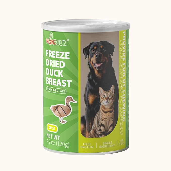 MON2SUN Freeze Dried Duck Breast Treats for Dogs & Cats - Whole Cut Chunks, Single Ingredient, High Protein, Grain Free Food Topper & Training Snacks, 4.2oz