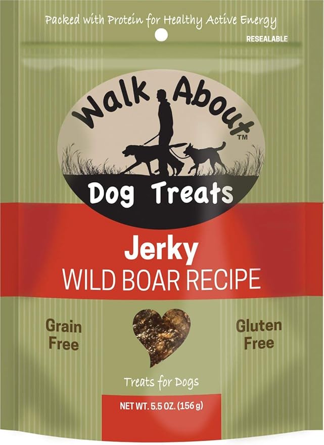 Walk About Pet, WA10004, Premium Jerky Dog Treats, Grain-Free, Gluten-Free, Single Source Protein, Wild Boar Recipe, Resealable Pouch, 5.5 Ounces