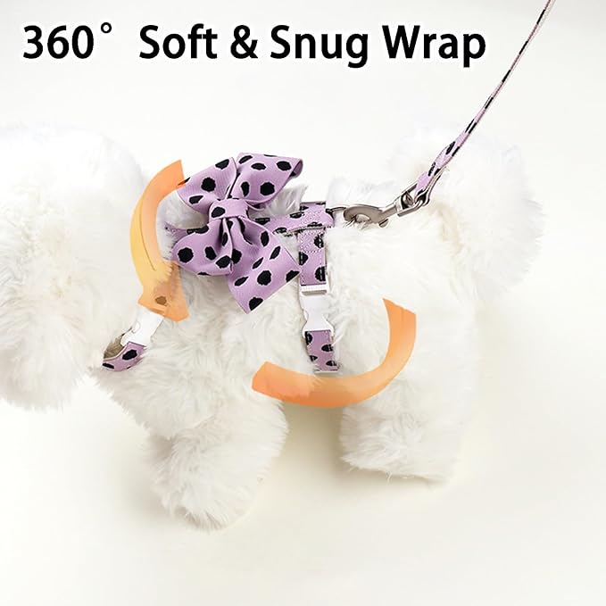 Cat Harness and Leash Set, Sweet Bow Accent Kitten Collar, Escape Proof Small Dog Harness, Cute Polka Dot Print Puppy Collar, Girl Dog Leash for Small Dogs Cats Outdoor Walking (Purple, M)