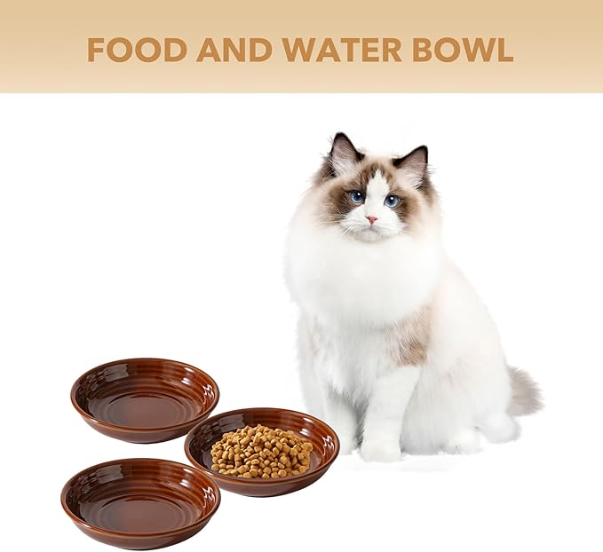 Havniva Ceramic Wide Whisker Friendly Cat Dishes, Set of 3 Ceramic Cat Bowls, Anti-Slip Indoor Kitten Feeding Food& Water Dish to Prevent Whisker Fatigue(3 Pcs, Caramel Brown)