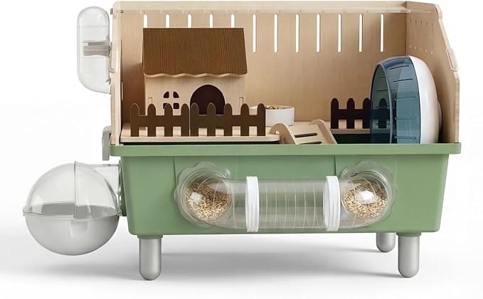 Small Animal Houses & Habitats, Hamster Cage for Dwarf Mouse, Complete Acrylic Small Animal Starter Kit with Accessories, Easy Clean Transparent Pet Cage for Hamsters Gerbils (Green)