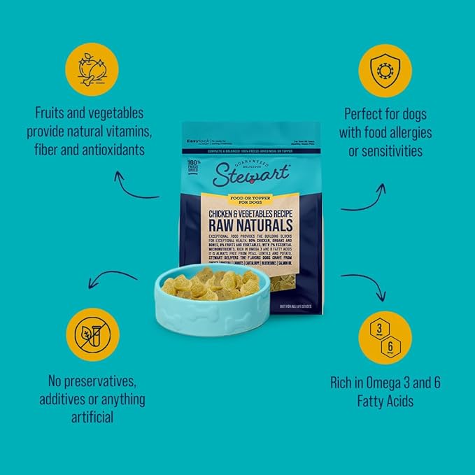 Stewart Raw Naturals Freeze Dried Raw Dog Food or Meal Topper, Chicken & Vegetables Recipe, 8 Ounce Bag, Complete and Balanced Nutrition